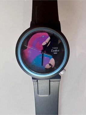 Timex Exotics Black Watch with Pink and Purple Parrot Dial